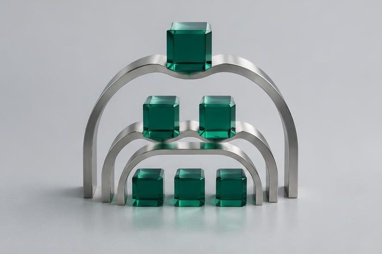 Nested steel arches hold emerald glass account blocks.