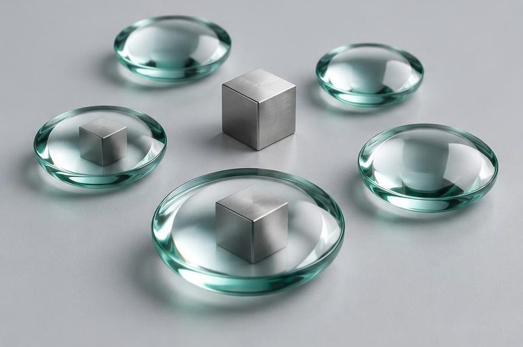 Glass lenses surround three silver cubes.