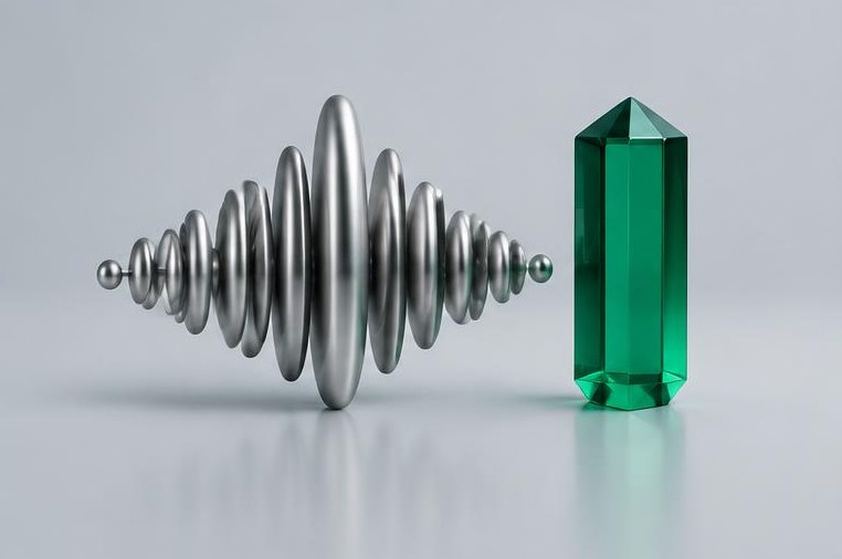 A sculptural silver soundwave sits beside an emerald prism.