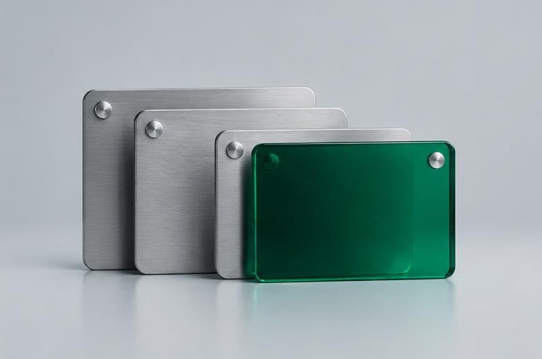 Overlapping silver identity plaques frame one emerald plaque.