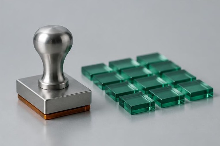 A silver verification stamp stands beside emerald record tiles.
