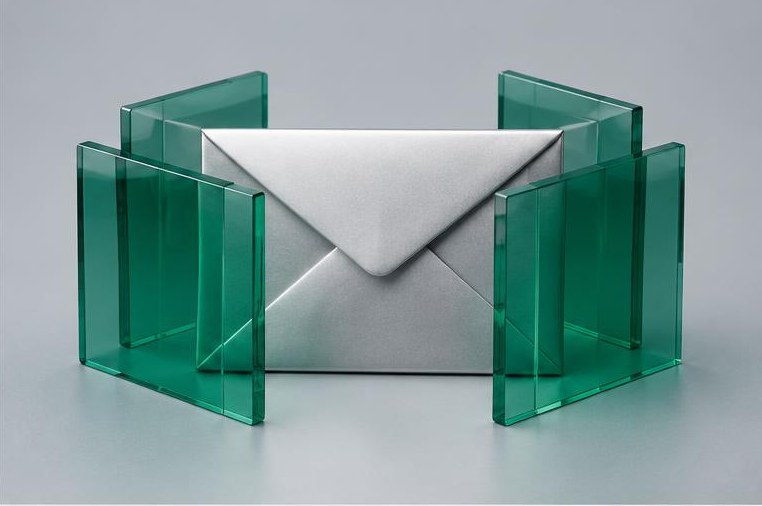 A silver envelope sits between protective emerald panels.