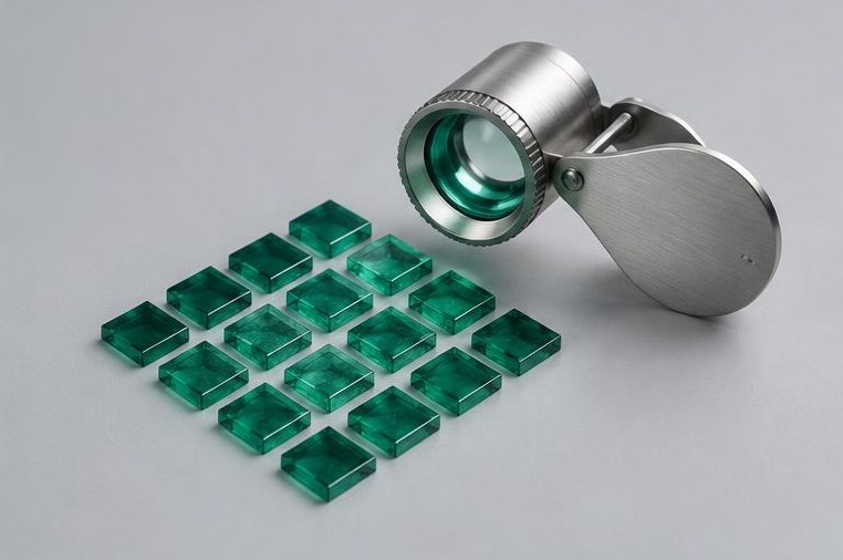 A silver loupe inspects ordered emerald glass chips.