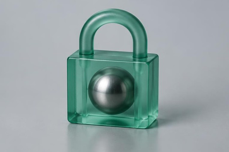 An emerald glass lock protects a silver sphere.