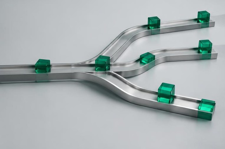 Branching silver tracks carry emerald glass cubes.