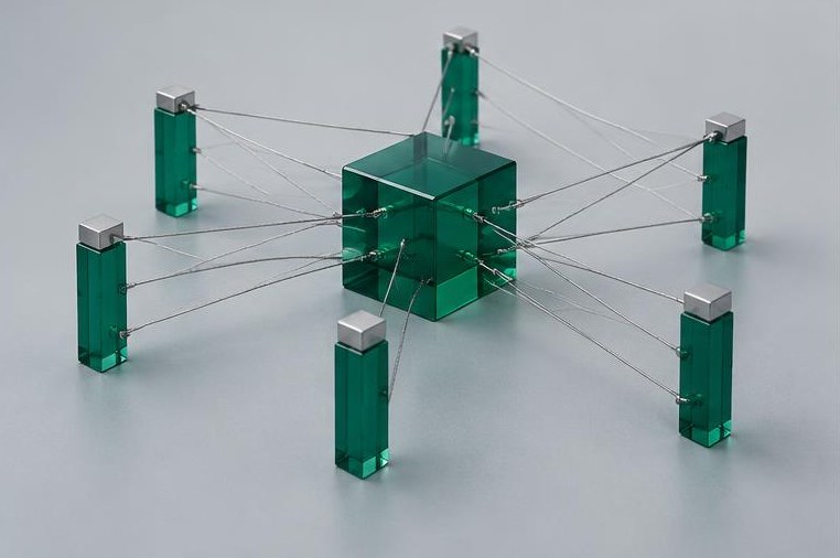 Silver threads connect emerald posts around one central block.