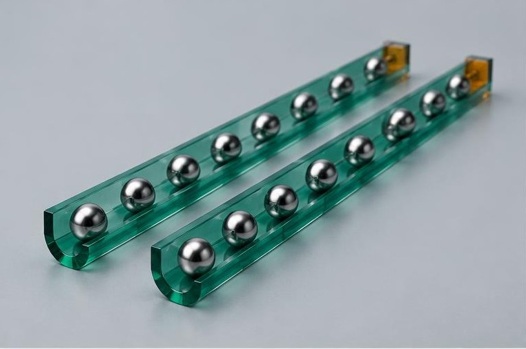 Two parallel glass tracks hold silver experiment beads.