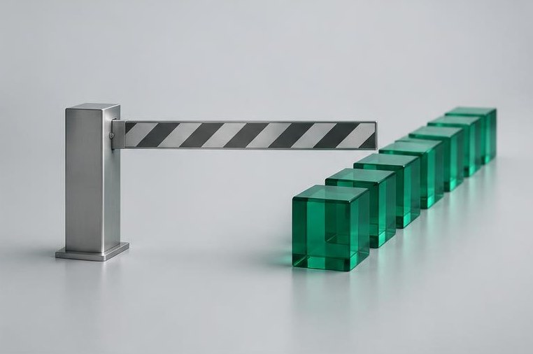 A silver gate stops a line of emerald glass blocks.
