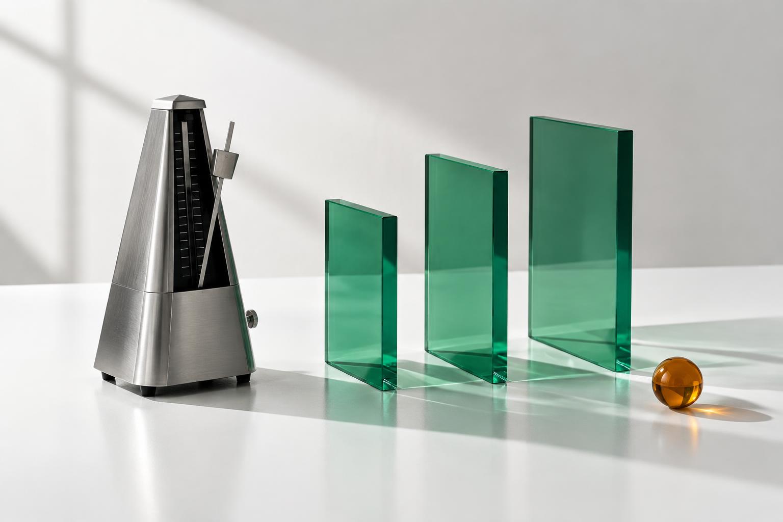 Steel metronome beside emerald glass panels, an editorial illustration of outbound timing.