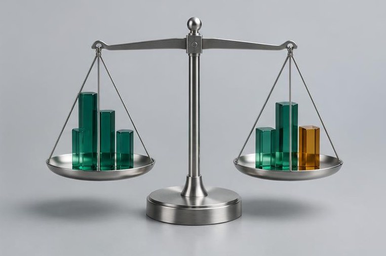A silver balance holds emerald columns and an amber weight.
