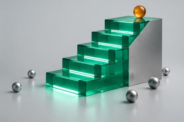 Emerald glass steps rise toward an amber sphere.