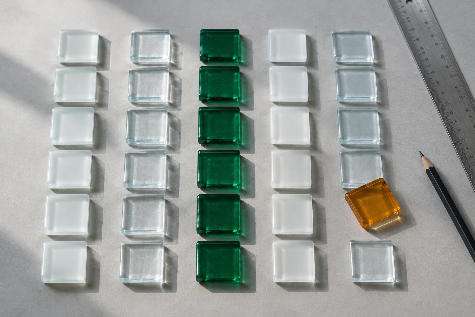 Ordered translucent glass tiles with one amber tile out of alignment, illustrating RevOps data quality.