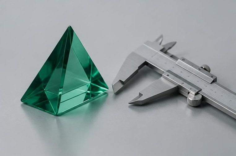 Steel calipers measure an emerald test prism.
