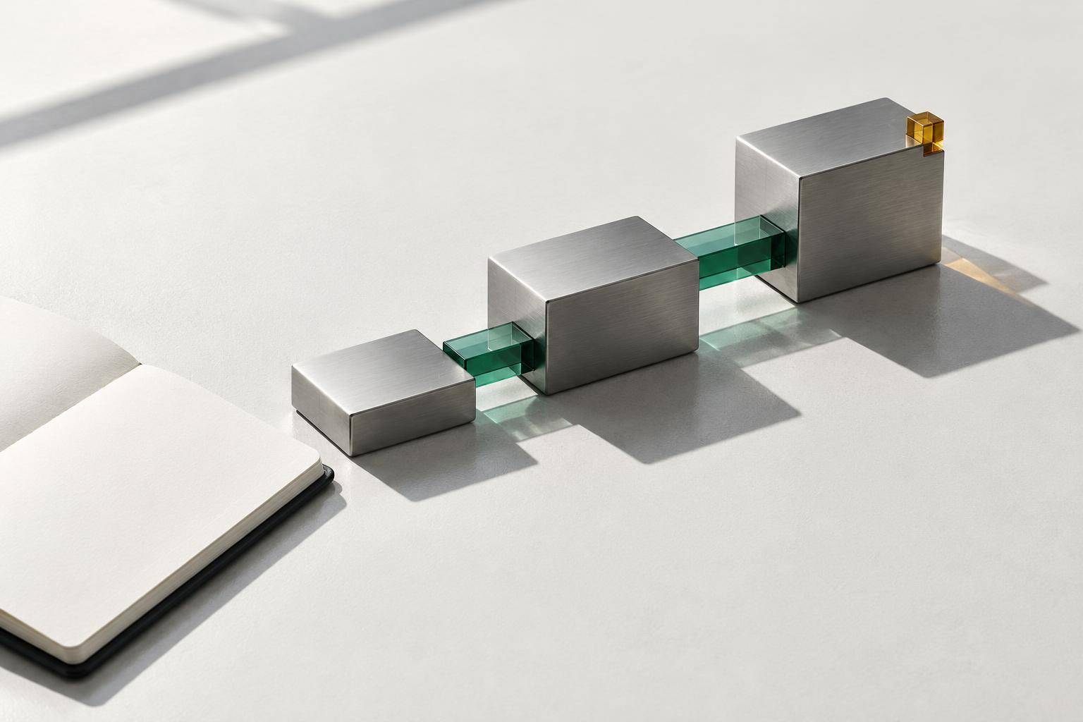 Three connected brushed steel blocks and emerald glass links, an editorial illustration of a sales technology workflow.