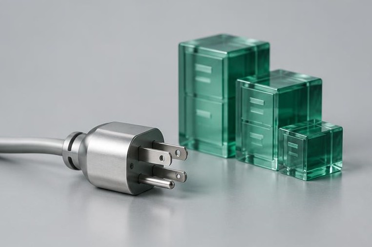 A disconnected silver plug rests beside archived glass blocks.