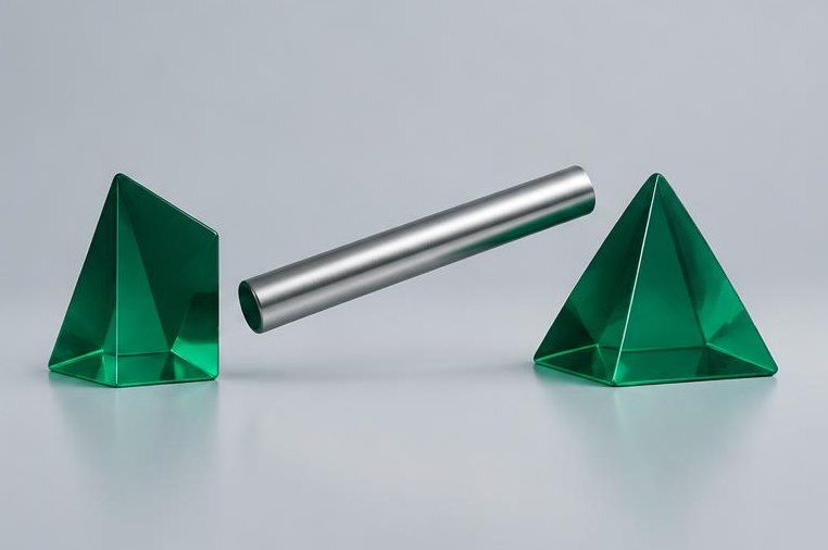 A steel relay baton spans two emerald shapes.