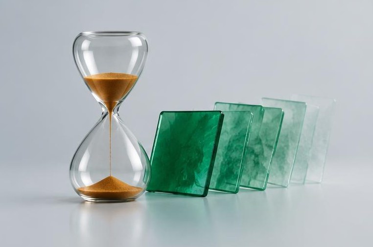An hourglass stands beside fading emerald glass panels.